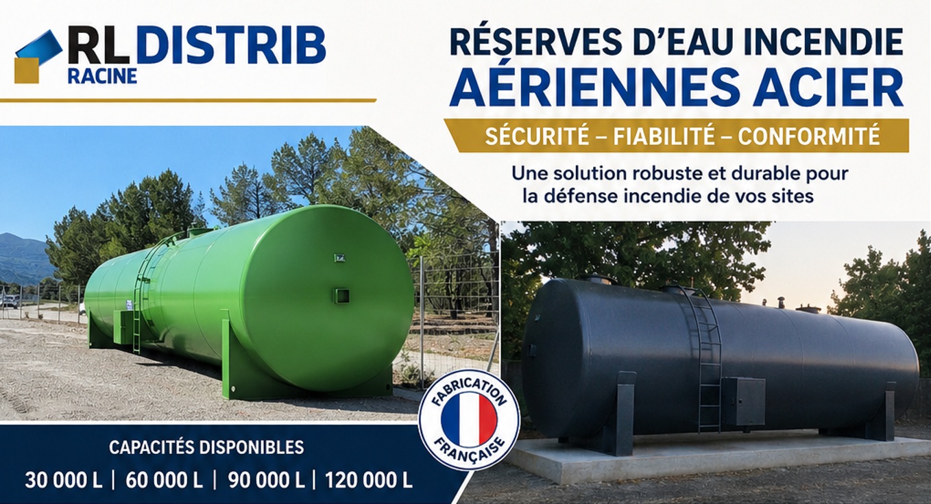R&eacute;serve d'eau incendie acier 120000 L a&eacute;rienne conforme EN12285-2. Fabrication fran&ccedil;aise, livraison France, id&eacute;ale pour collectivit&eacute;s et industriels.